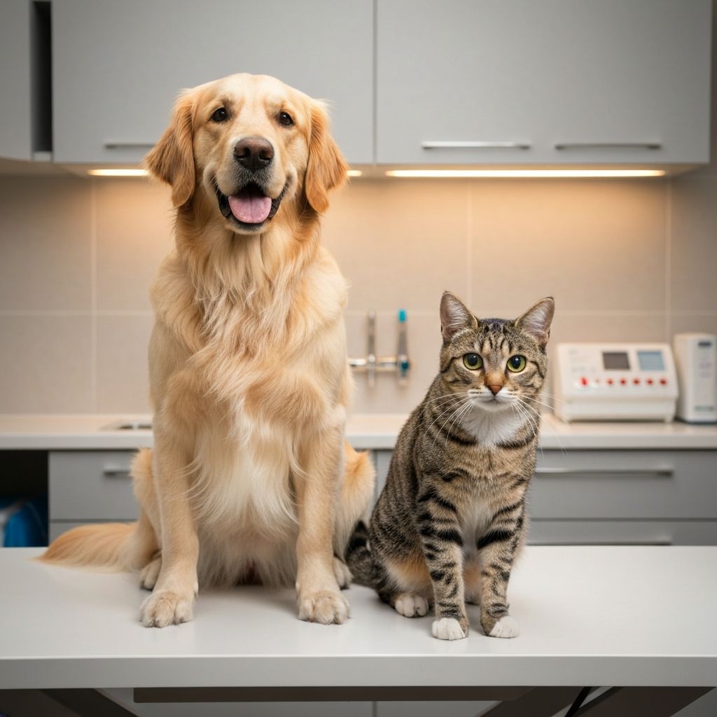 A golden retriever and tabby cat sitting together at New Lambton Veterinary Clinic